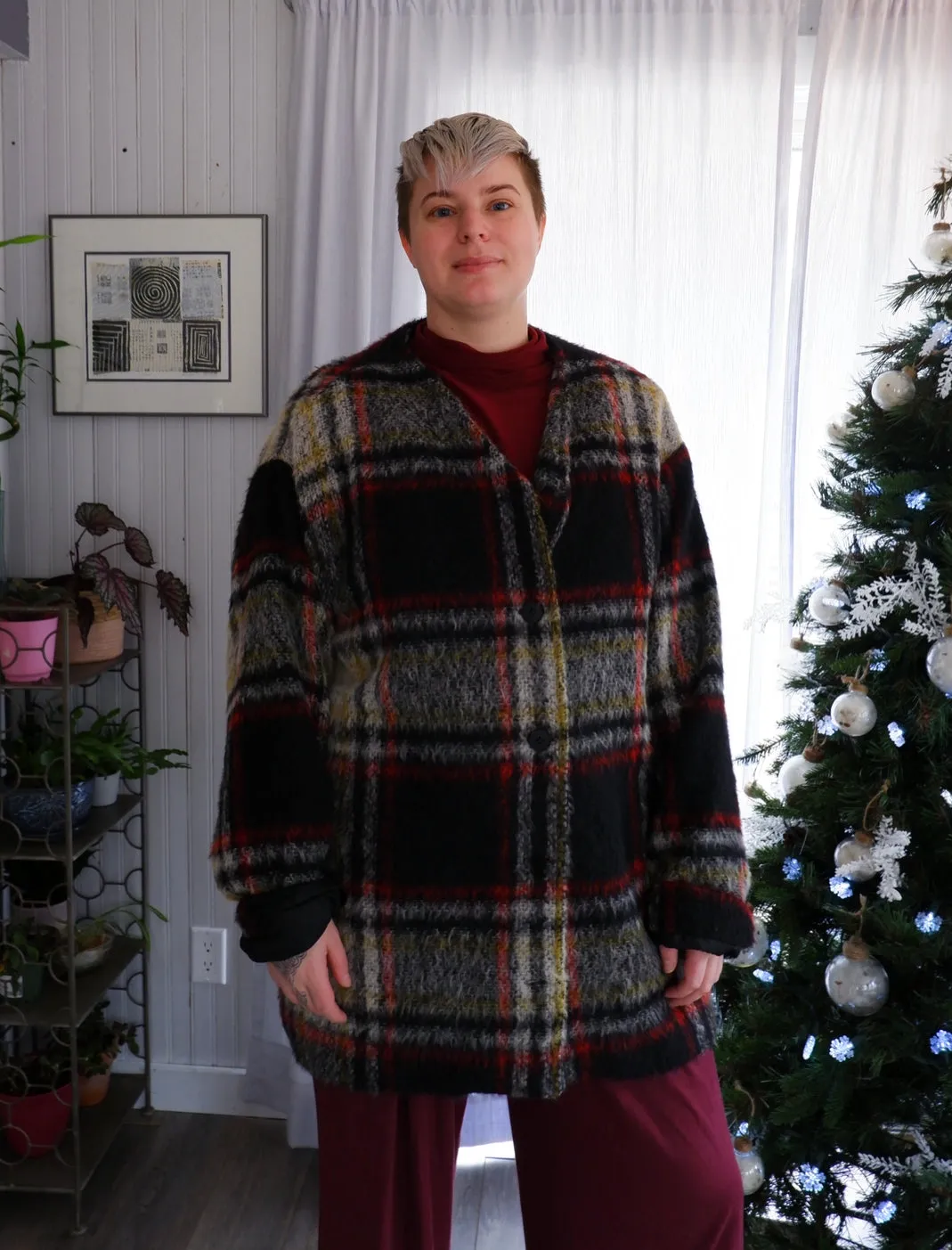 Handmade Cozy Macro Plaid Longline Coat - XL 