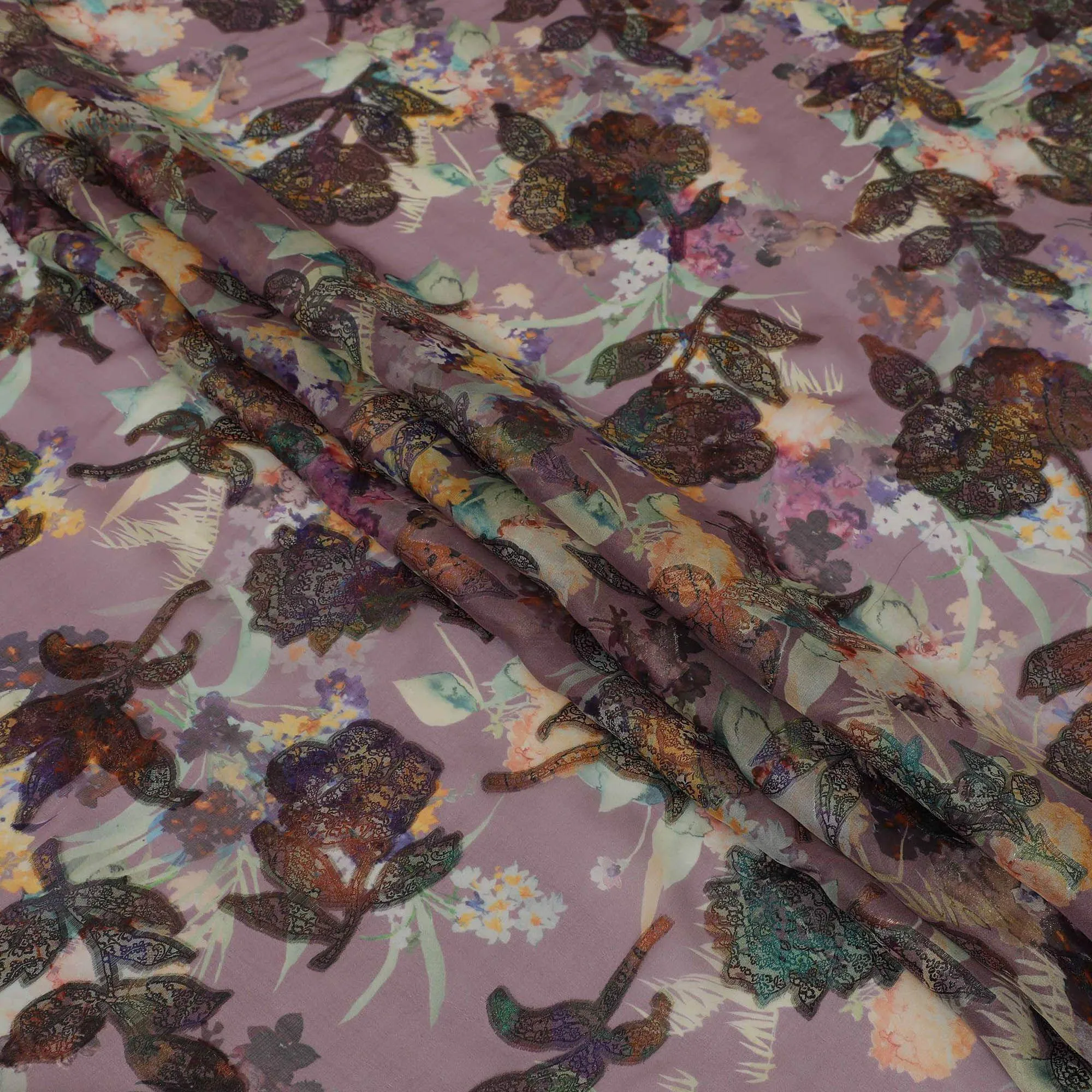 Heather purple premium pure silk chiffon fabric with multicolor print and metallic lurex in floral design-D13236