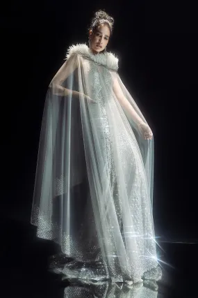 Heavily Embellished Fish Cut Gown With Cape