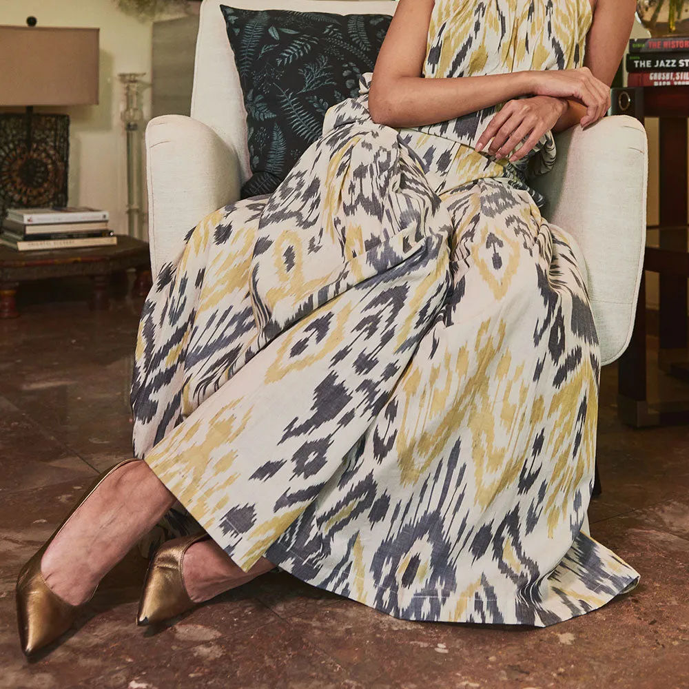 High-Rise Flared Pants - Phenom Ikat Blue Grey and Yellow