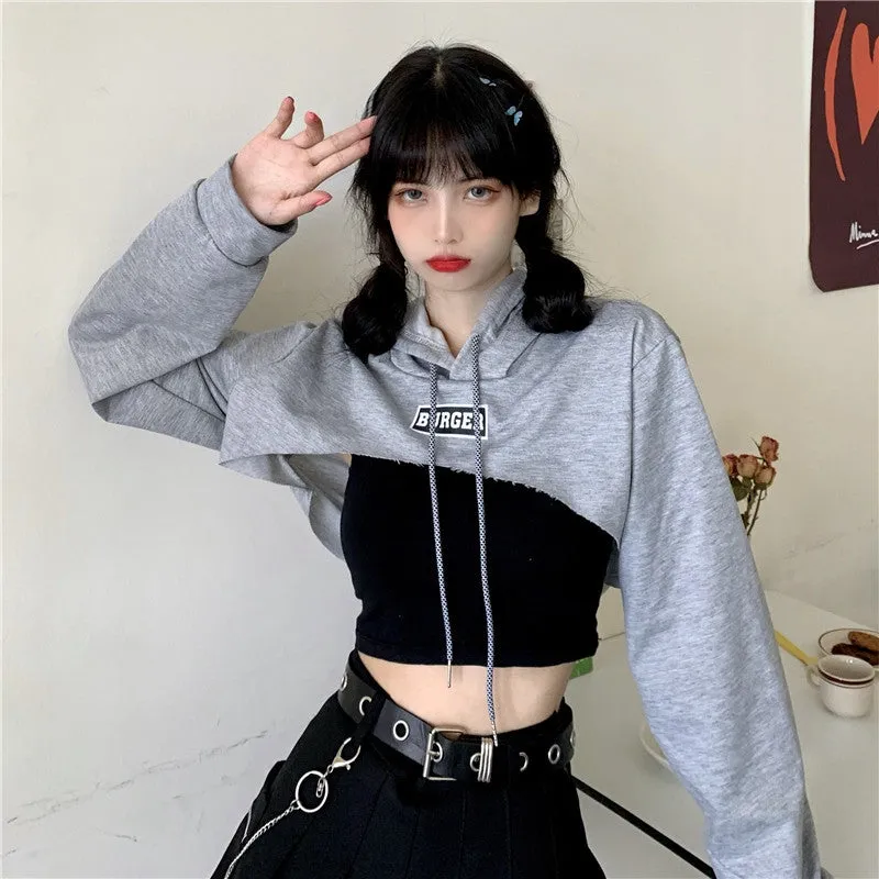 Hip hop short hoodie hooded balero loose fit cape coat cropped sweatshirt tee streetwear