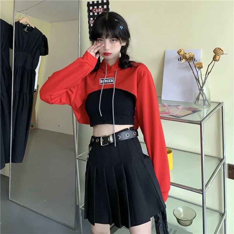 Hip hop short hoodie hooded balero loose fit cape coat cropped sweatshirt tee streetwear