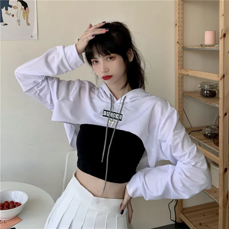 Hip hop short hoodie hooded balero loose fit cape coat cropped sweatshirt tee streetwear