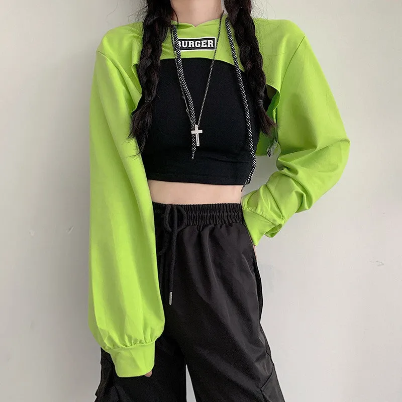 Hip hop short hoodie hooded balero loose fit cape coat cropped sweatshirt tee streetwear
