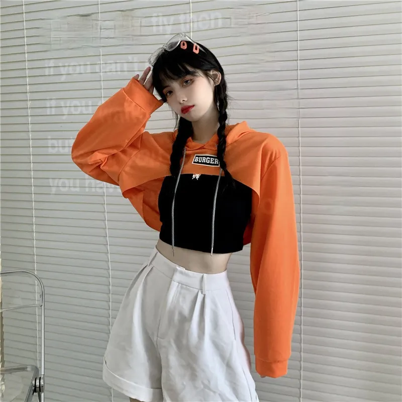 Hip hop short hoodie hooded balero loose fit cape coat cropped sweatshirt tee streetwear