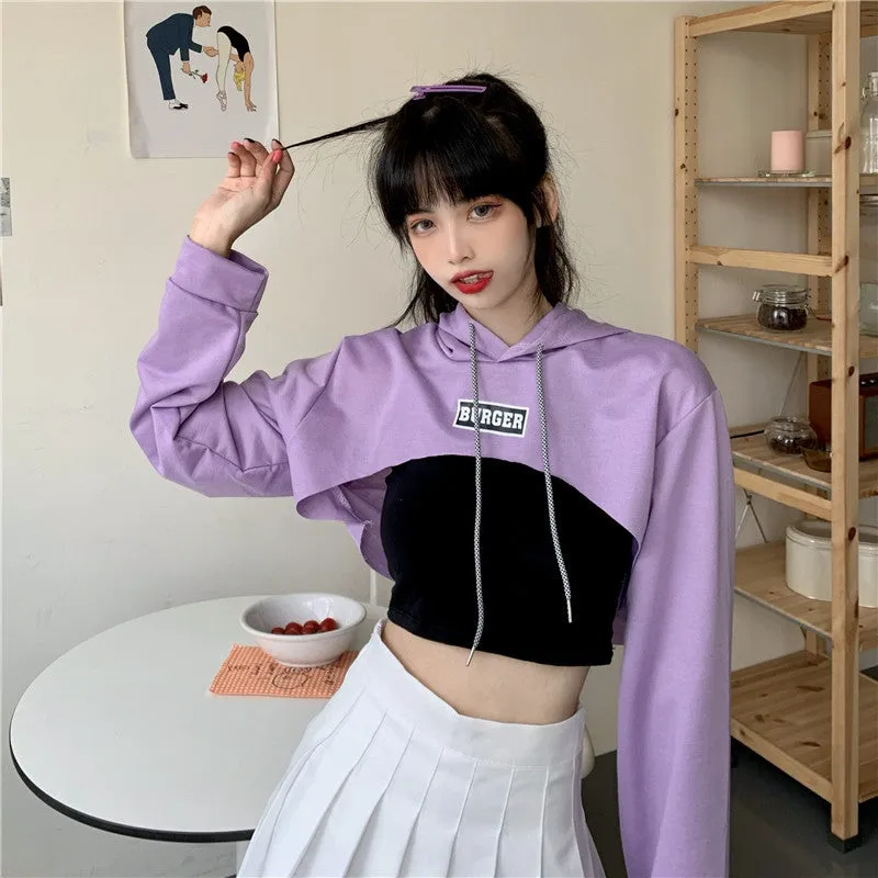 Hip hop short hoodie hooded balero loose fit cape coat cropped sweatshirt tee streetwear