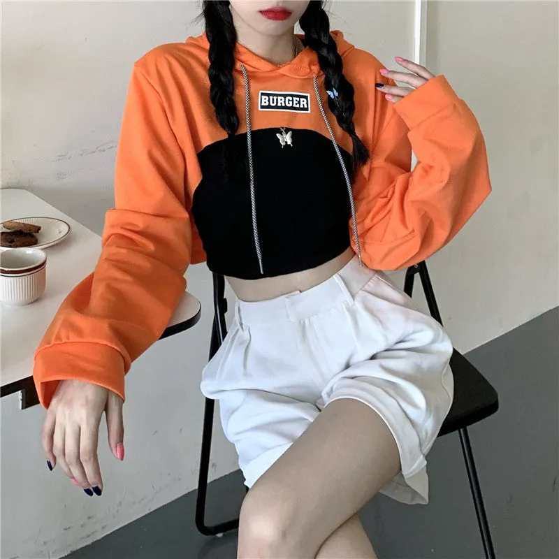 Hip hop short hoodie hooded balero loose fit cape coat cropped sweatshirt tee streetwear