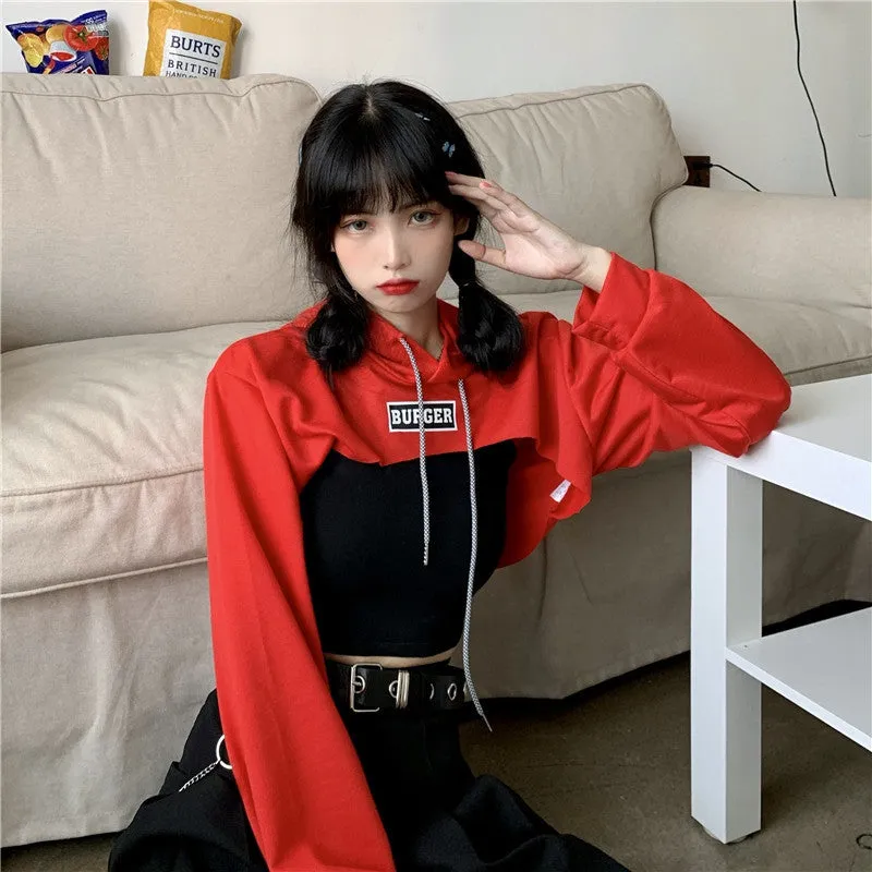 Hip hop short hoodie hooded balero loose fit cape coat cropped sweatshirt tee streetwear