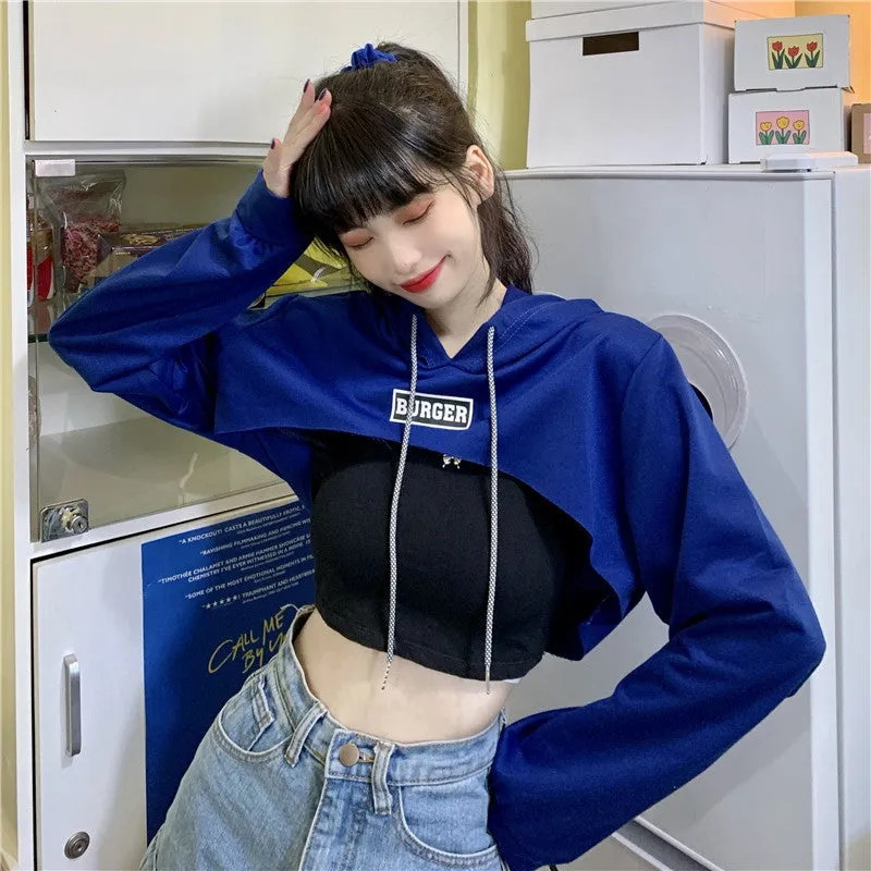 Hip hop short hoodie hooded balero loose fit cape coat cropped sweatshirt tee streetwear