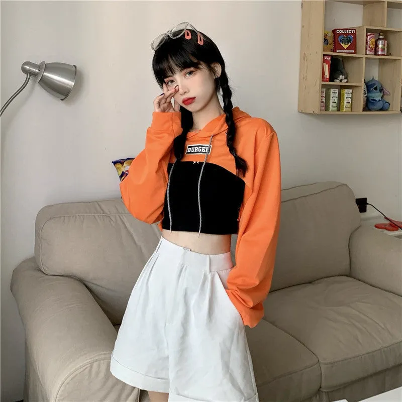 Hip hop short hoodie hooded balero loose fit cape coat cropped sweatshirt tee streetwear