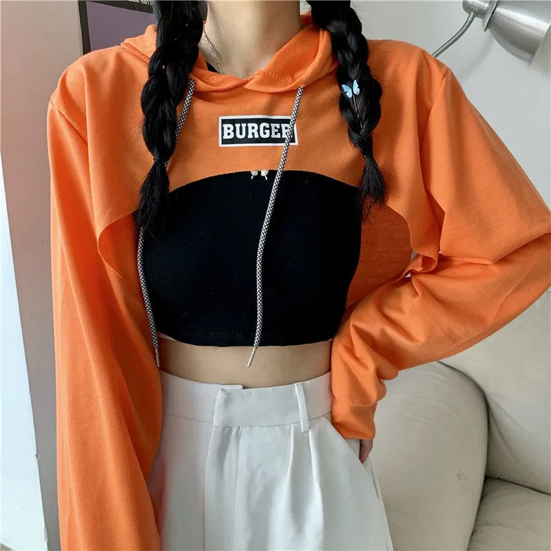 Hip hop short hoodie hooded balero loose fit cape coat cropped sweatshirt tee streetwear