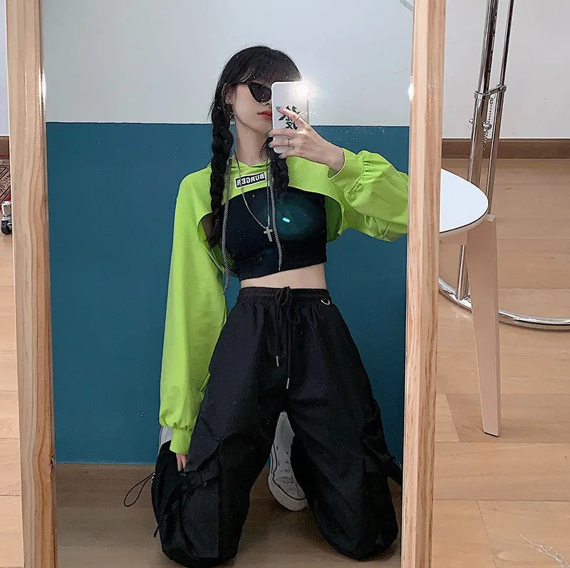 Hip hop short hoodie hooded balero loose fit cape coat cropped sweatshirt tee streetwear