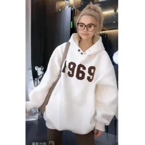 Hooded Solid Color Ins Women's Sweatshirts Vintage American Style Chic Pockets Buttons Fashion Office Lady Winter Hoodies
