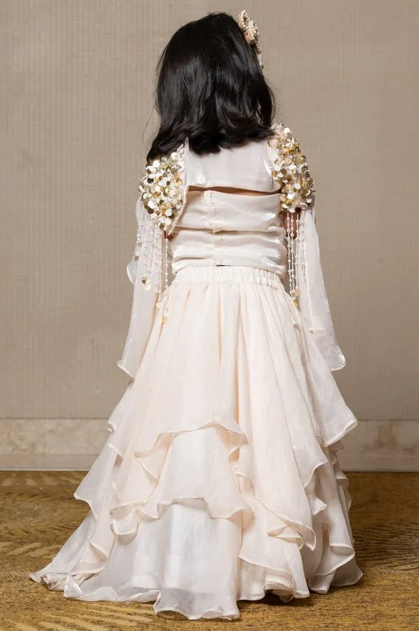 Intricate sequin embellishment cape with halter neck top and Layered Skirt