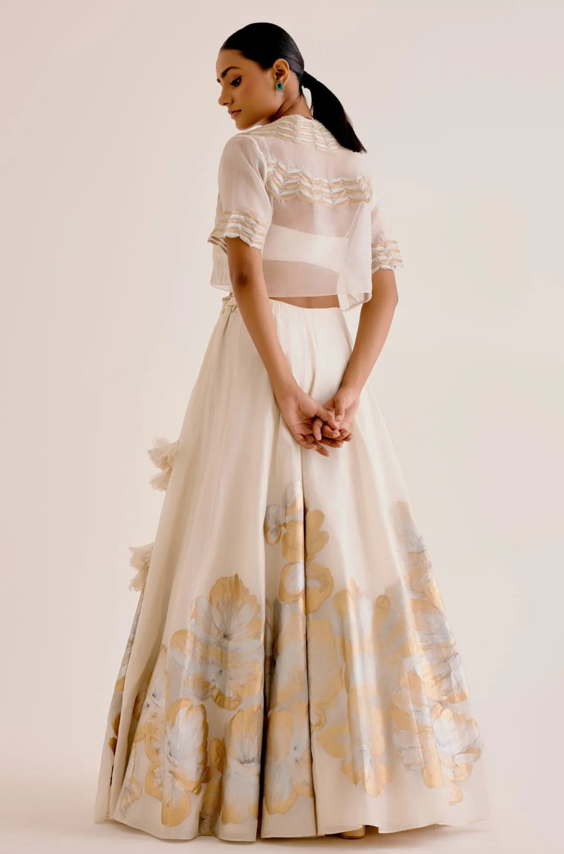 Ivory Silk Chanderi Hand-Painted Lehenga and Short Jacket Set