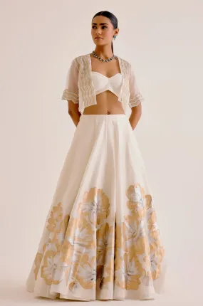 Ivory Silk Chanderi Hand-Painted Lehenga and Short Jacket Set