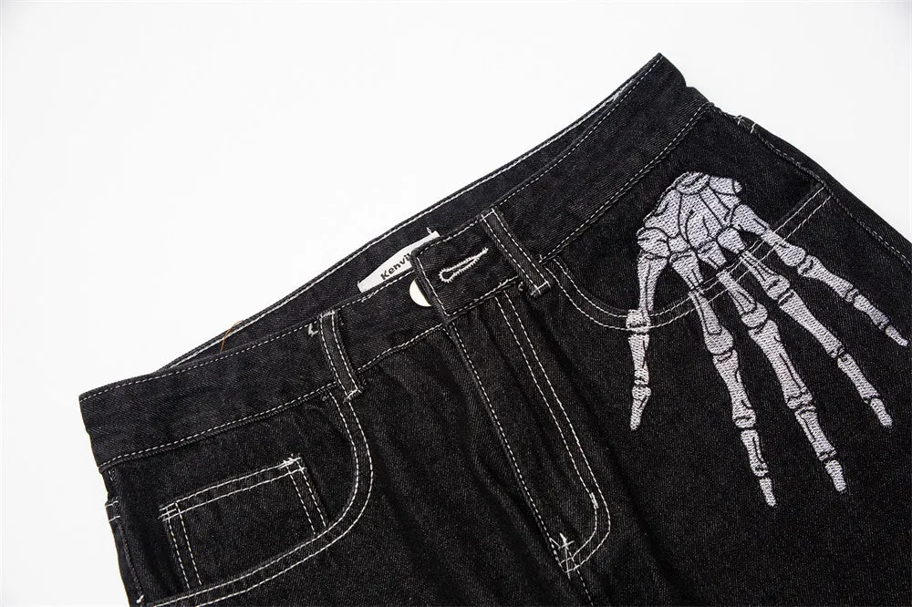 Jinquedai  Dark Streetwear Skeleton Embroidery Punk Black Men Hip Hop Jeans Pants Straight Casual Wide Denim Trousers Pantalons Capris