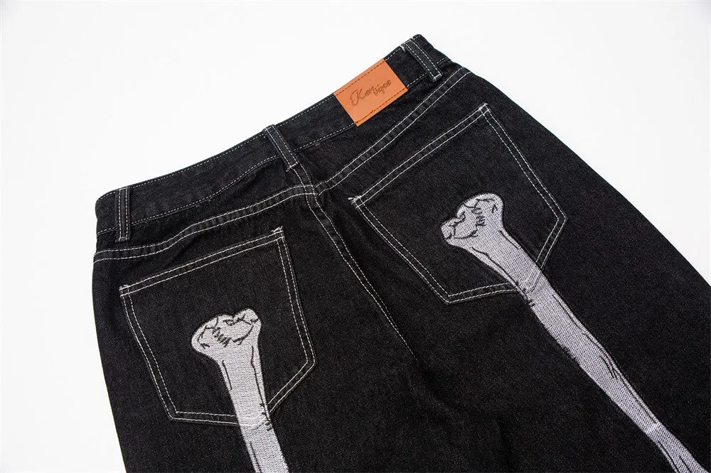 Jinquedai  Dark Streetwear Skeleton Embroidery Punk Black Men Hip Hop Jeans Pants Straight Casual Wide Denim Trousers Pantalons Capris