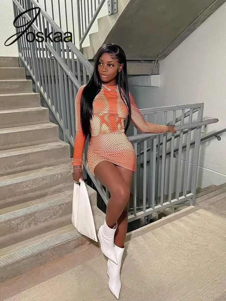 Joskaa Sexy Two Piece Set Women Clothes Long Sleeve Printed T Shirt Mini Package Hip Skirt Matching Fall 2021 Fashion Streetwear