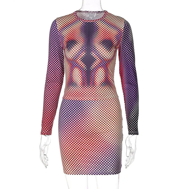 Joskaa Sexy Two Piece Set Women Clothes Long Sleeve Printed T Shirt Mini Package Hip Skirt Matching Fall 2021 Fashion Streetwear