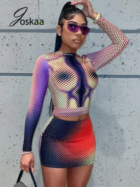 Joskaa Sexy Two Piece Set Women Clothes Long Sleeve Printed T Shirt Mini Package Hip Skirt Matching Fall 2021 Fashion Streetwear