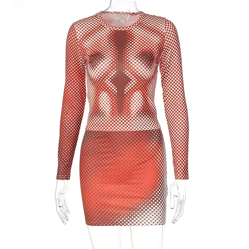 Joskaa Sexy Two Piece Set Women Clothes Long Sleeve Printed T Shirt Mini Package Hip Skirt Matching Fall 2021 Fashion Streetwear