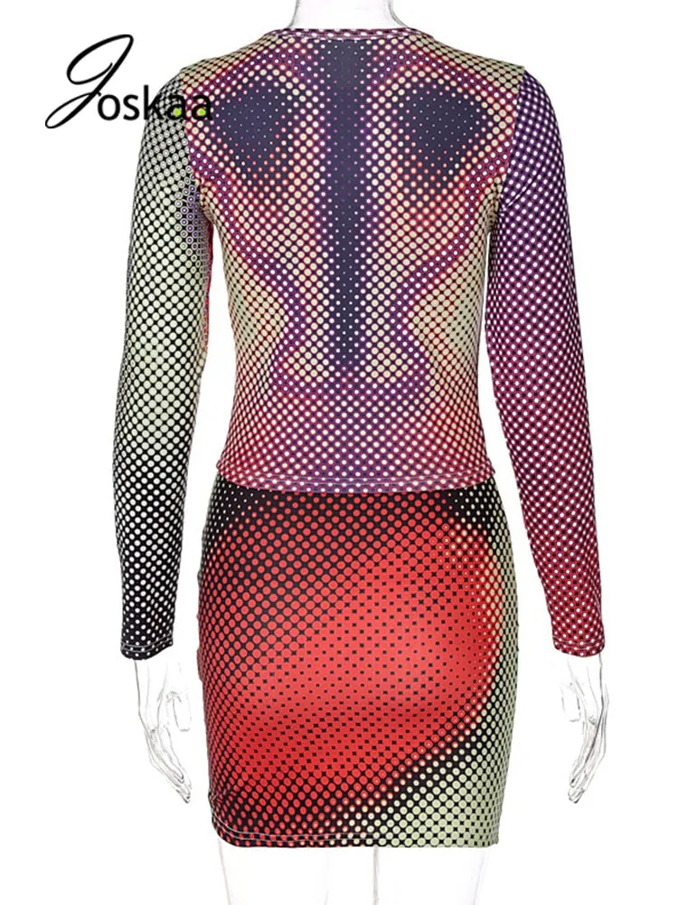 Joskaa Sexy Two Piece Set Women Clothes Long Sleeve Printed T Shirt Mini Package Hip Skirt Matching Fall 2021 Fashion Streetwear