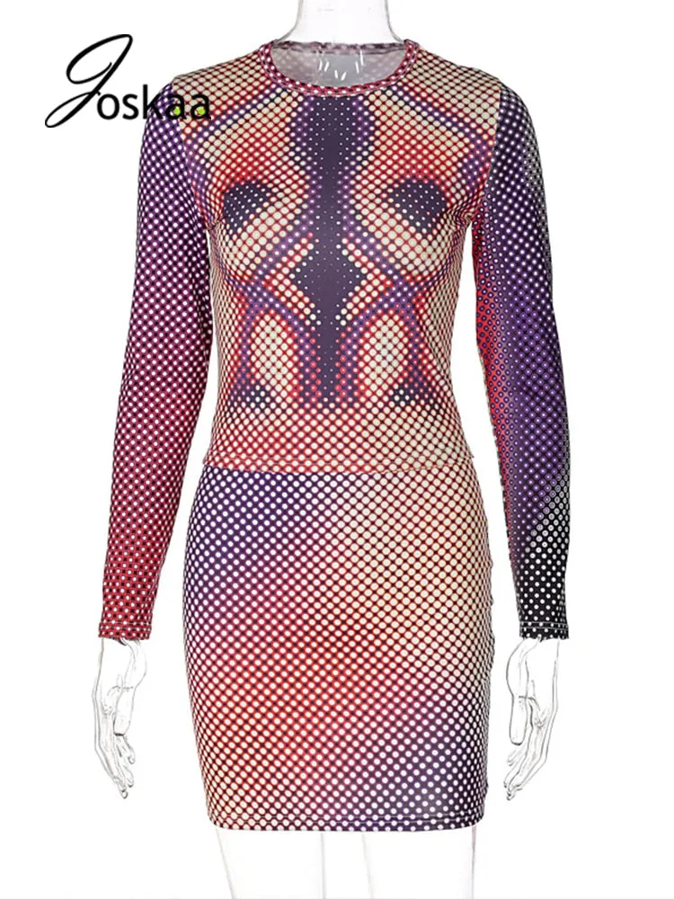 Joskaa Sexy Two Piece Set Women Clothes Long Sleeve Printed T Shirt Mini Package Hip Skirt Matching Fall 2021 Fashion Streetwear