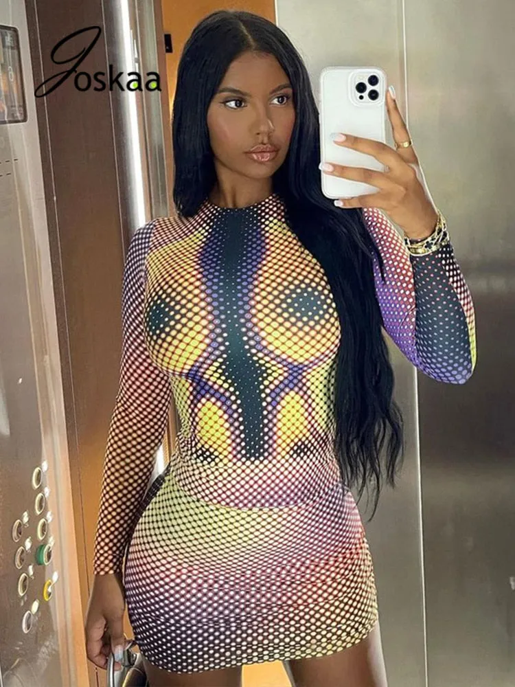 Joskaa Sexy Two Piece Set Women Clothes Long Sleeve Printed T Shirt Mini Package Hip Skirt Matching Fall 2021 Fashion Streetwear
