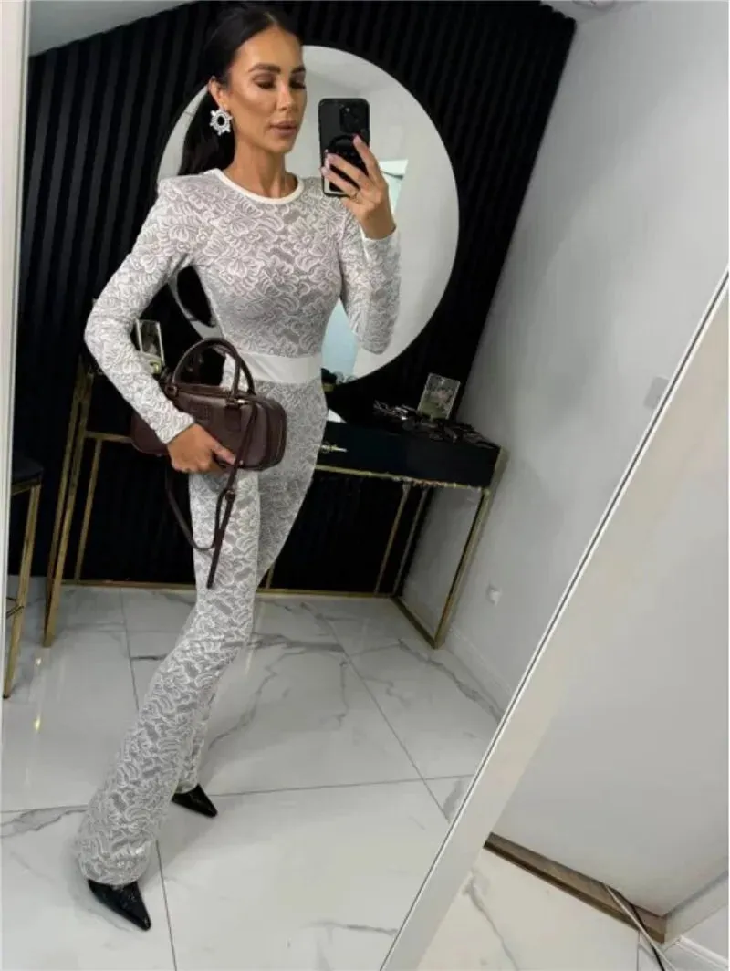 Lace Print Long Sleeve Two Layer Jumpsuits