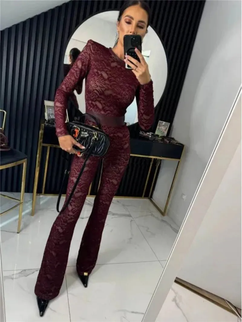 Lace Print Long Sleeve Two Layer Jumpsuits