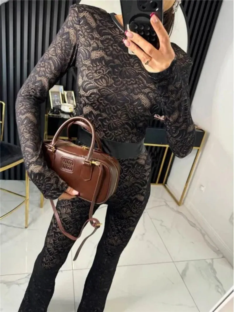 Lace Print Long Sleeve Two Layer Jumpsuits