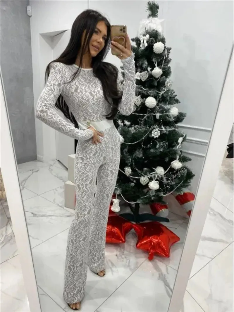 Lace Print Long Sleeve Two Layer Jumpsuits