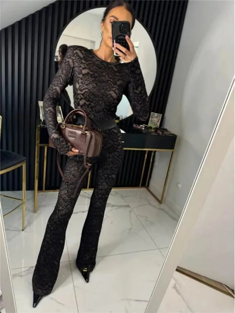 Lace Print Long Sleeve Two Layer Jumpsuits