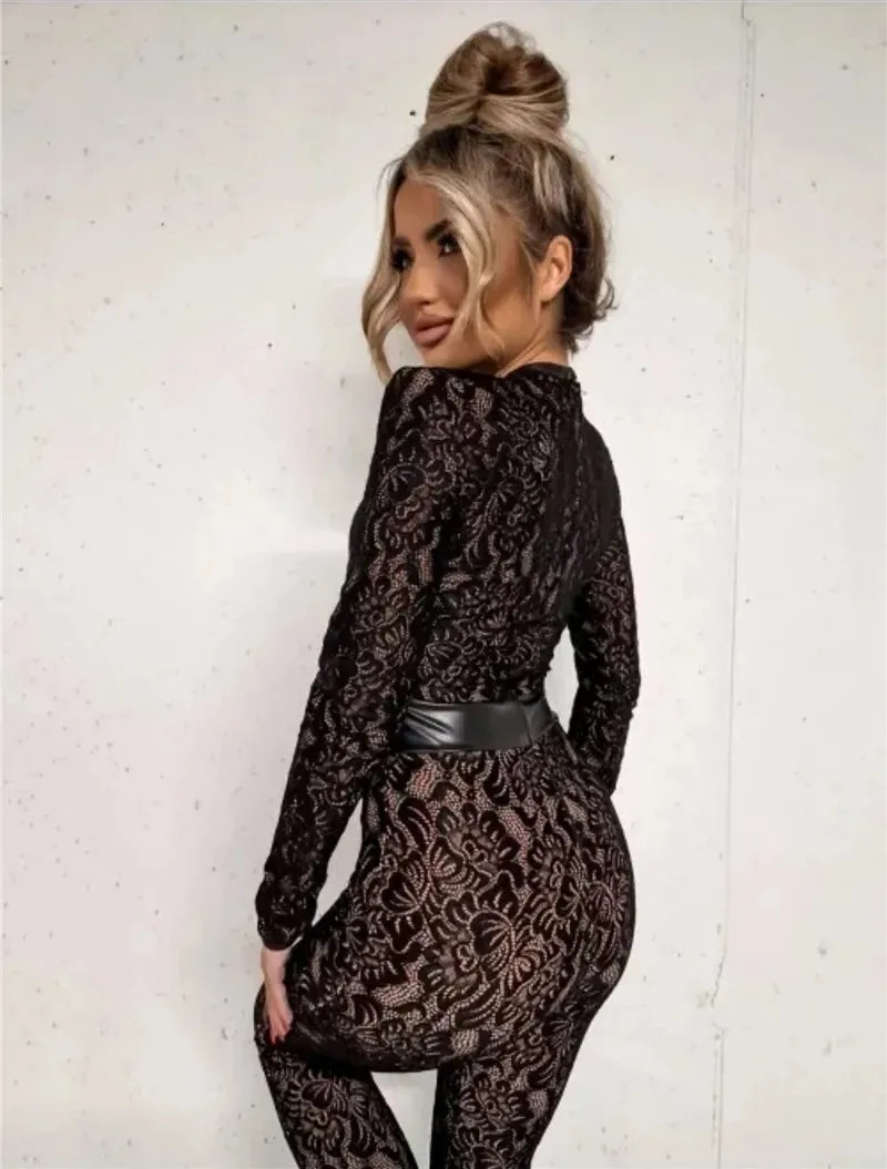 Lace Print Long Sleeve Two Layer Jumpsuits