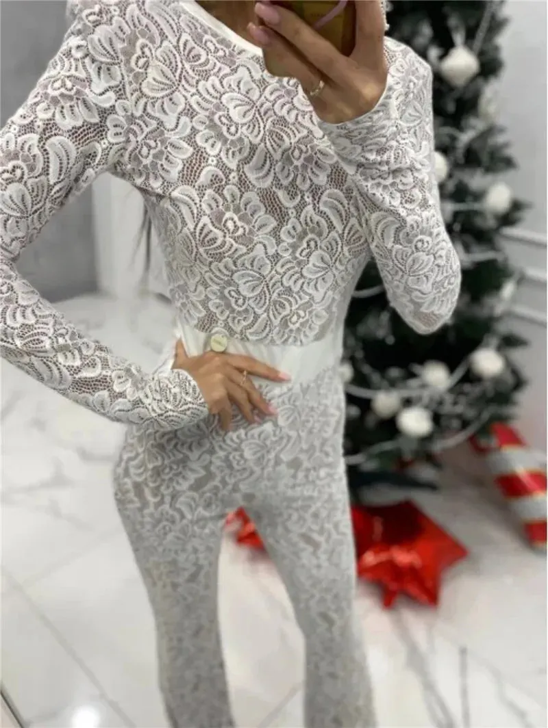Lace Print Long Sleeve Two Layer Jumpsuits