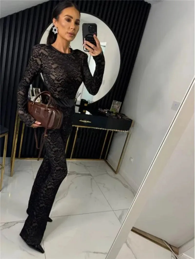 Lace Print Long Sleeve Two Layer Jumpsuits