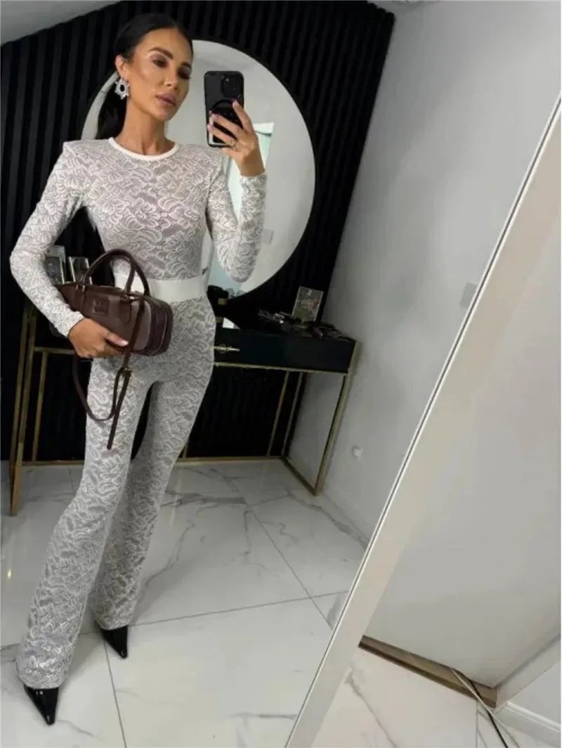Lace Print Long Sleeve Two Layer Jumpsuits