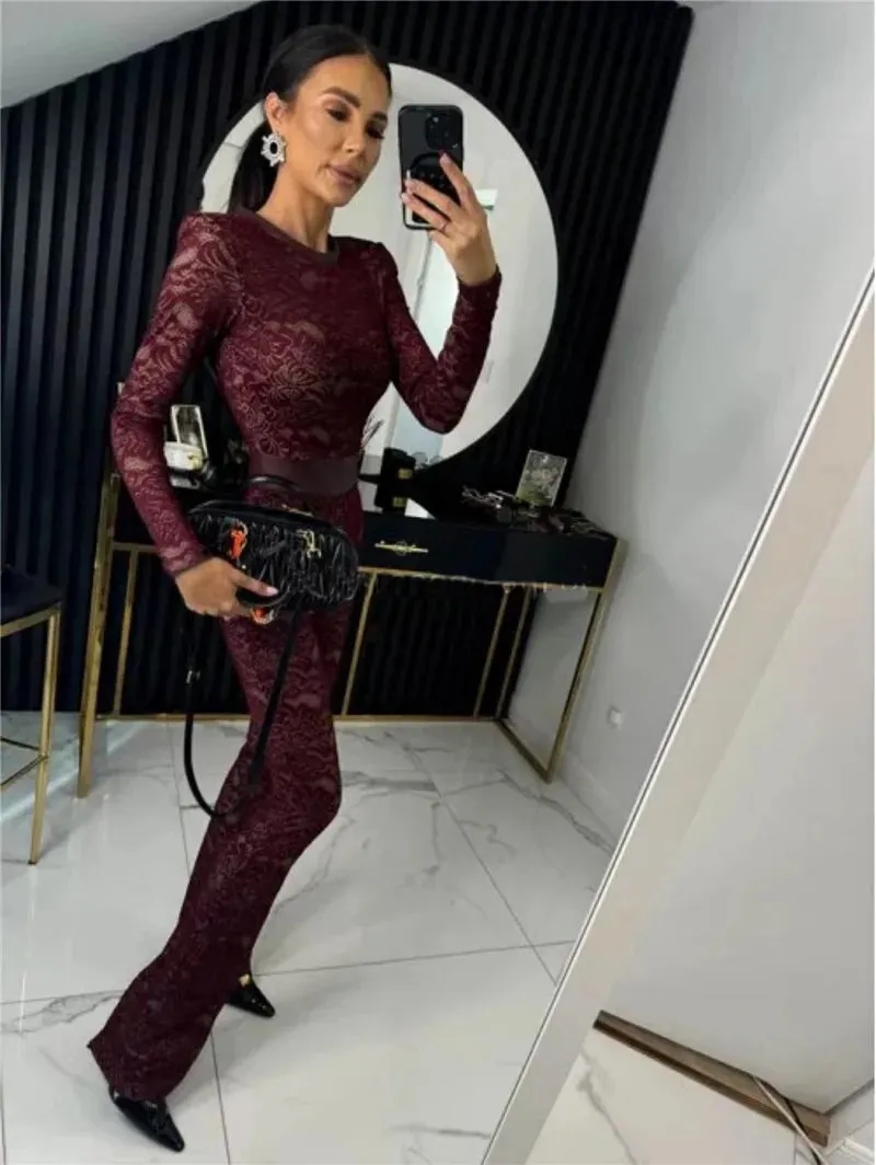 Lace Print Long Sleeve Two Layer Jumpsuits