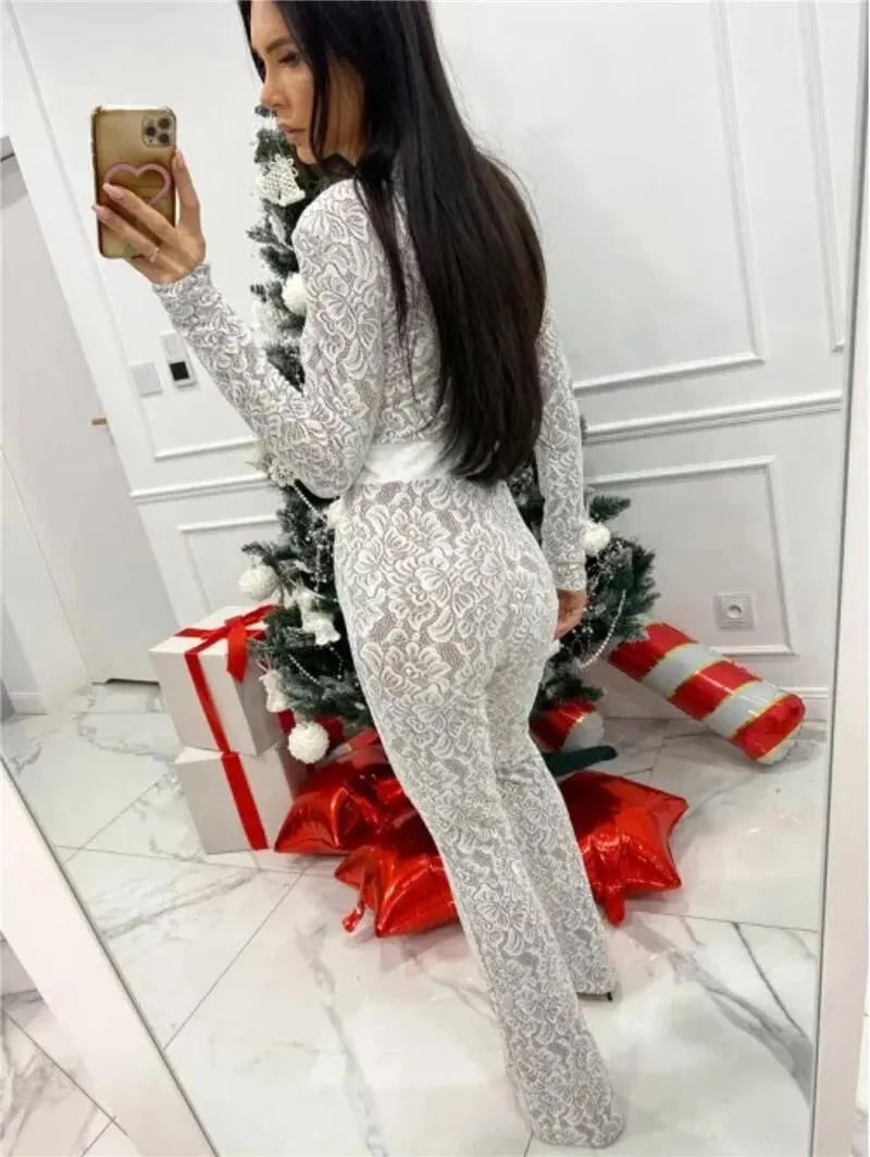 Lace Print Long Sleeve Two Layer Jumpsuits