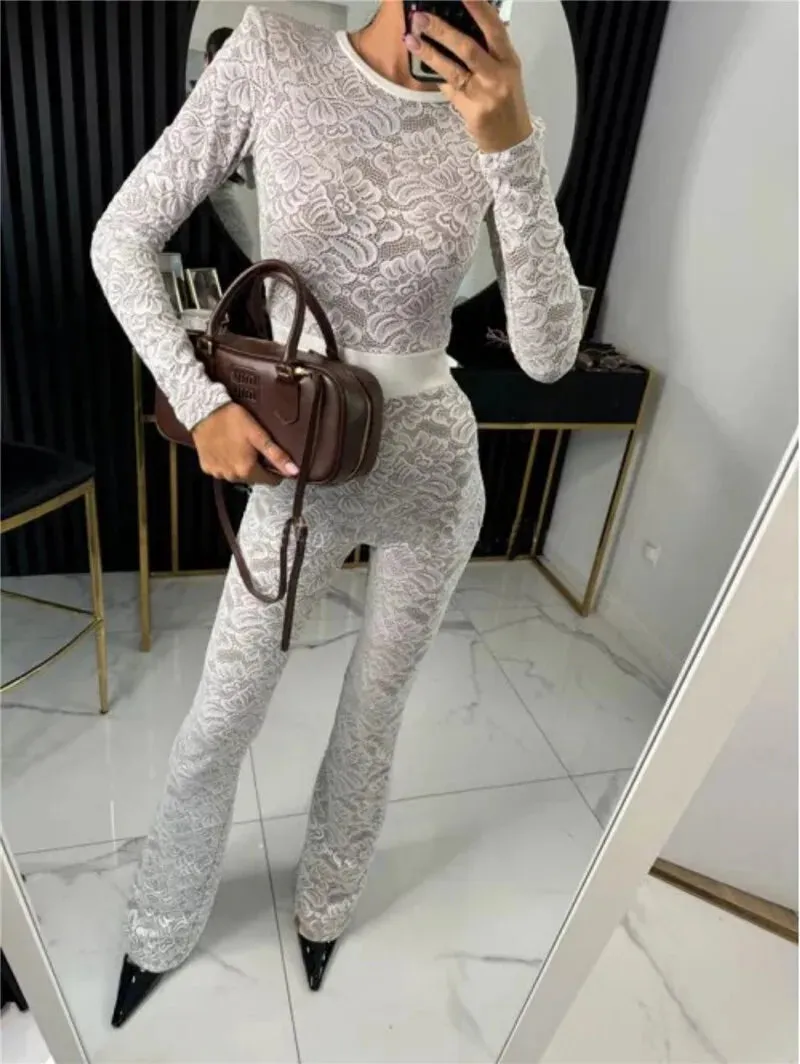 Lace Print Long Sleeve Two Layer Jumpsuits