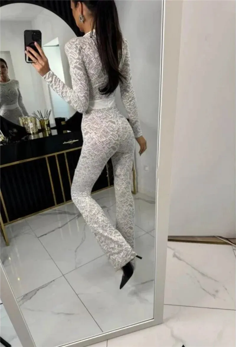 Lace Print Long Sleeve Two Layer Jumpsuits