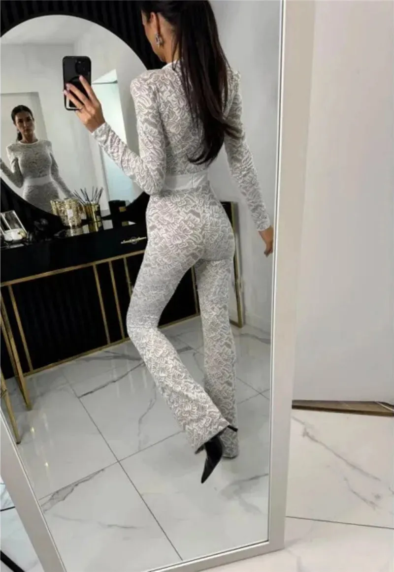 Lace Print Long Sleeve Two Layer Jumpsuits