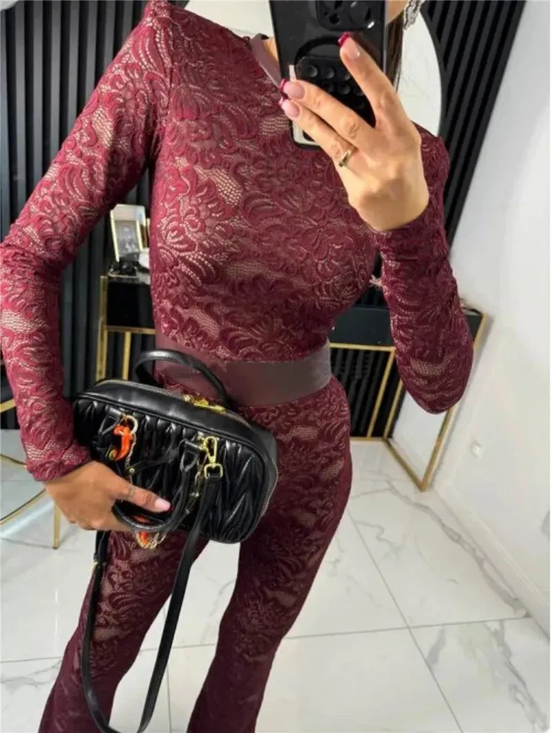 Lace Print Long Sleeve Two Layer Jumpsuits