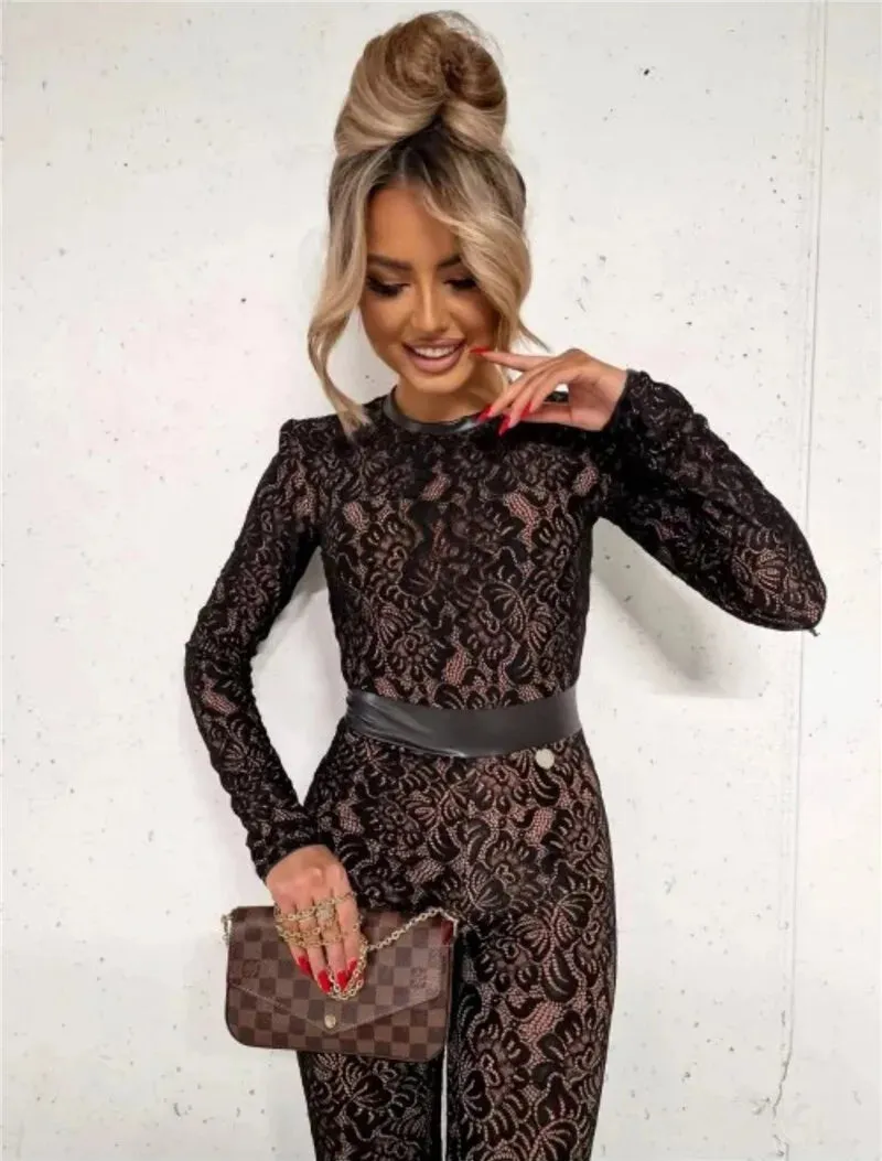 Lace Print Long Sleeve Two Layer Jumpsuits