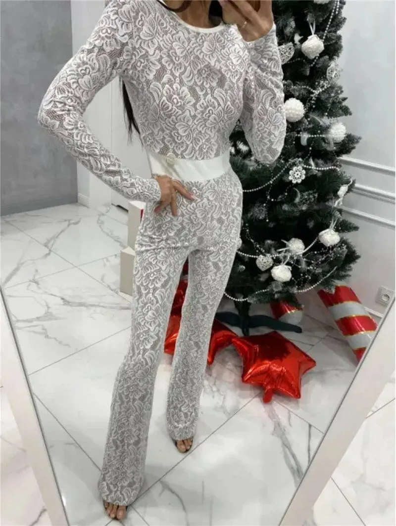 Lace Print Long Sleeve Two Layer Jumpsuits