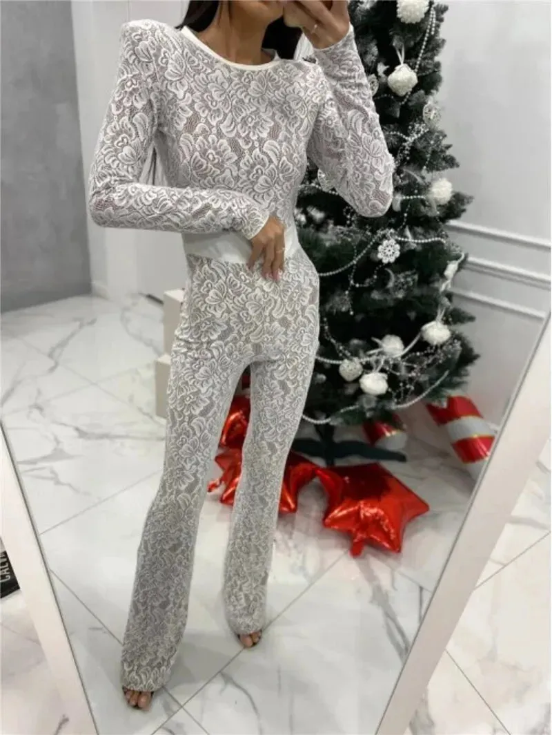 Lace Print Long Sleeve Two Layer Jumpsuits