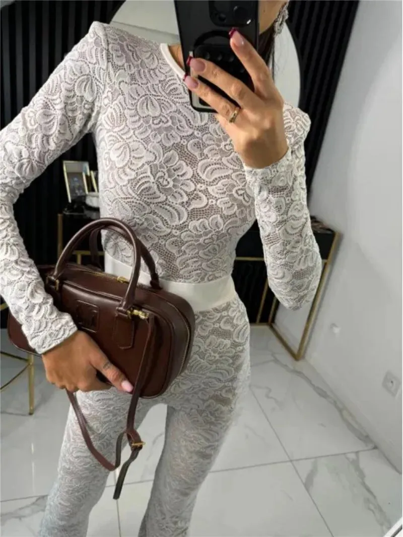 Lace Print Long Sleeve Two Layer Jumpsuits