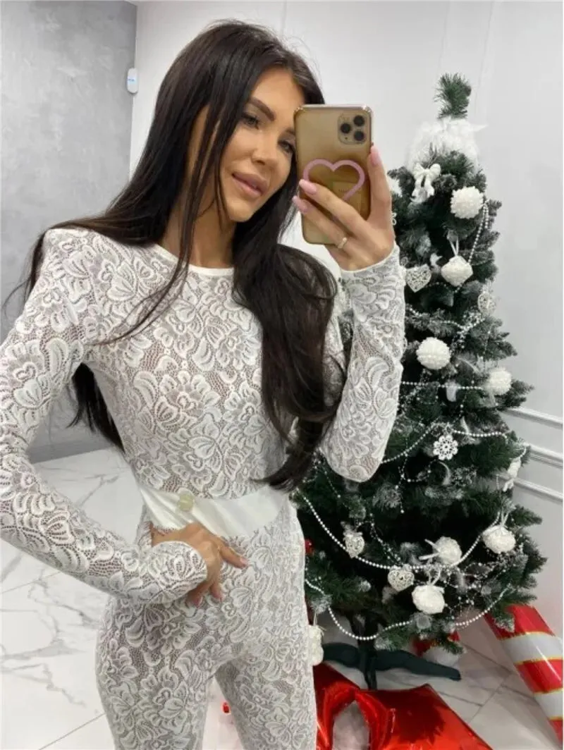 Lace Print Long Sleeve Two Layer Jumpsuits
