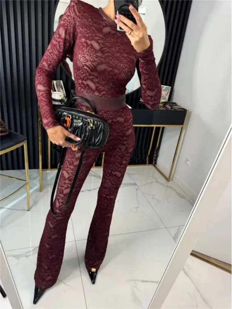 Lace Print Long Sleeve Two Layer Jumpsuits